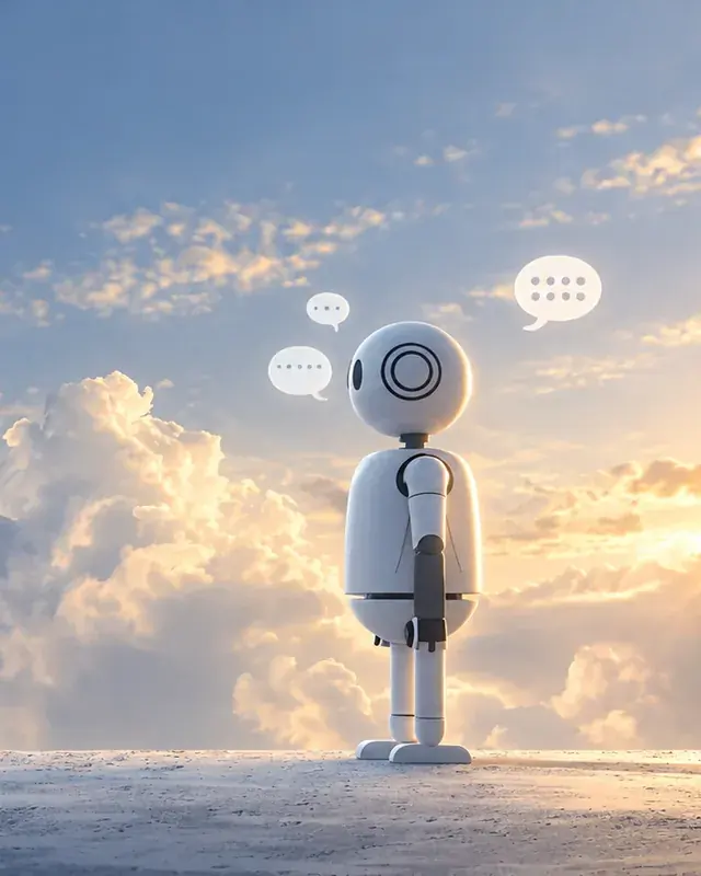 Kleiner Roboter mit Sprechblasen vor Wolkenhimmel als Sinnbild für KI-Agenten, die im Auftrag von Nutzer:innen kommunizieren