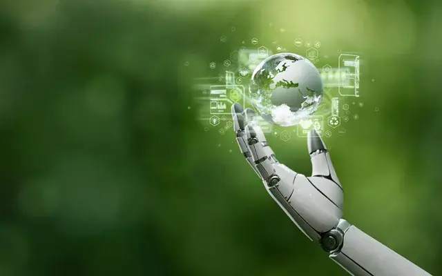 Roboterhand hält eine digitale Weltkugel mit Business-Icons als Sinnbild für KI-gestützte digitale Erfahrungen