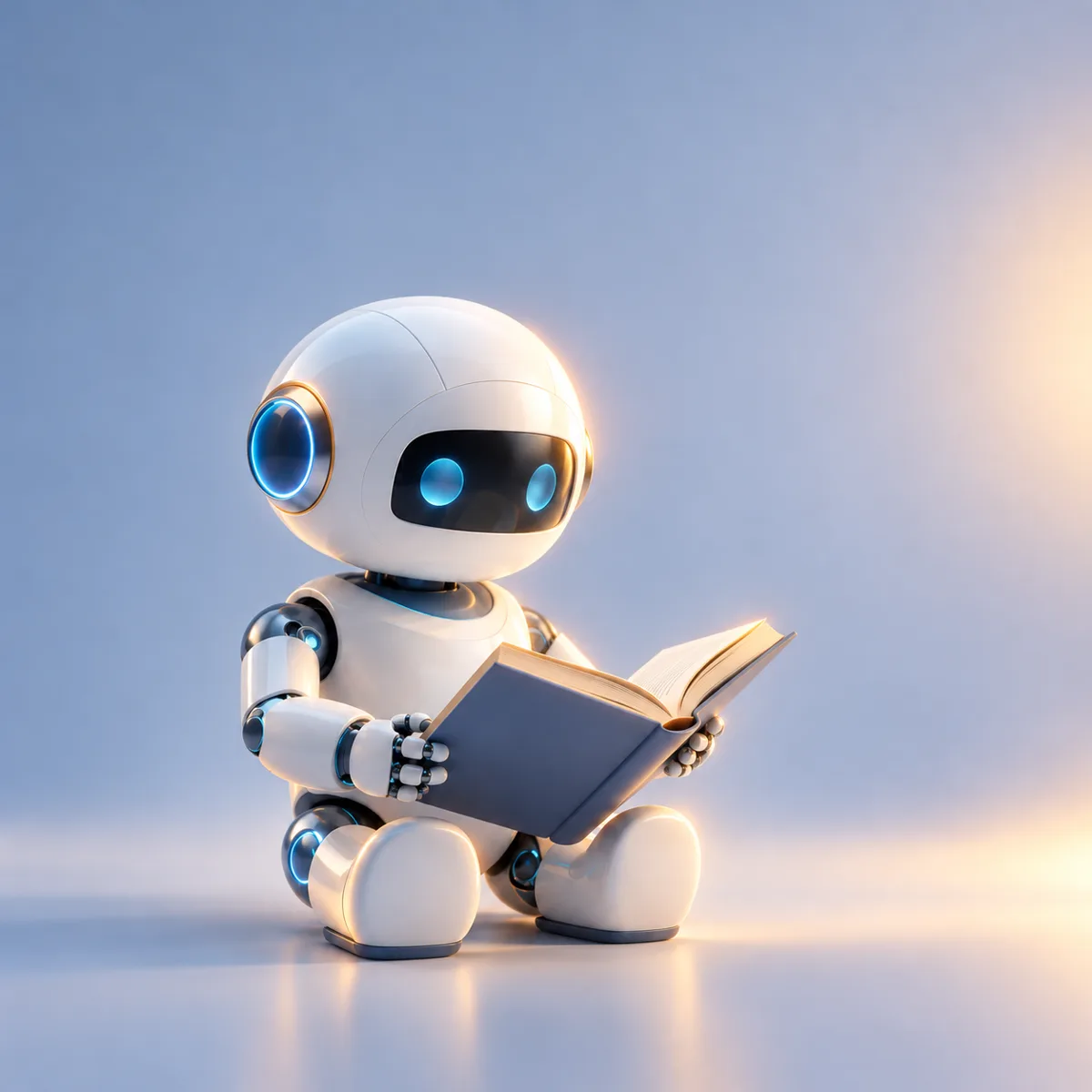 Kleiner weißer Roboter liest in einem Buch