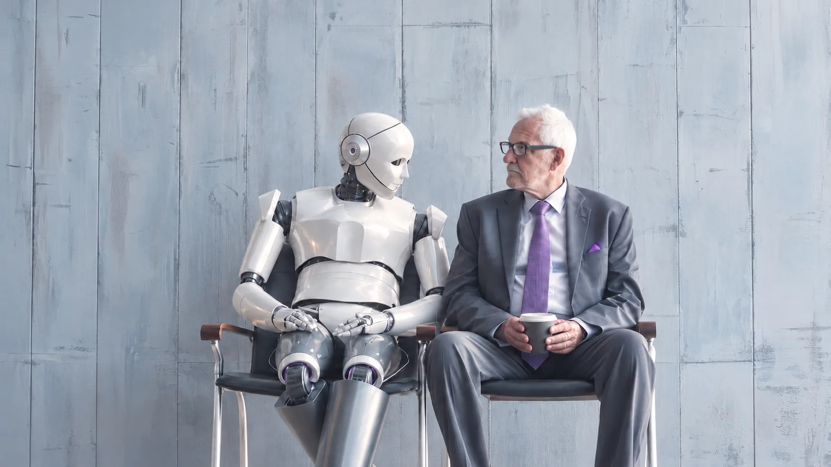 Roboter und älterer Geschäftsmann sitzen nebeneinander auf Stühlen