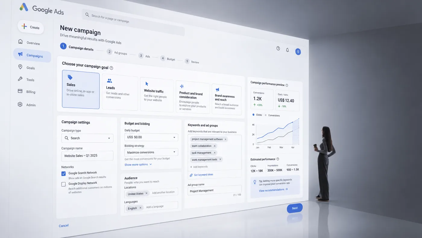 Google-Ads-Oberfläche zum Anlegen einer neuen Kampagne auf einer großen Wand, davor eine Person
