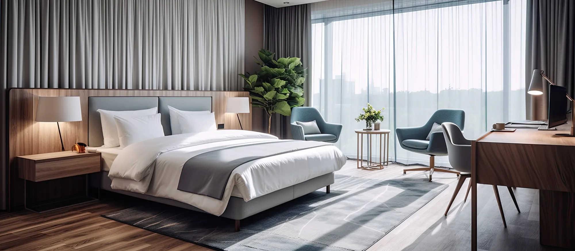 Modernes Hotelzimmer mit Doppelbett, Sesseln und Panoramafenster