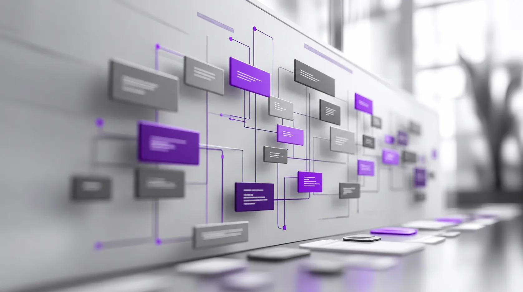 Weiße Wand mit violetten und grauen Prozessbausteinen, die ein verzweigtes Workflow-Schema bilden