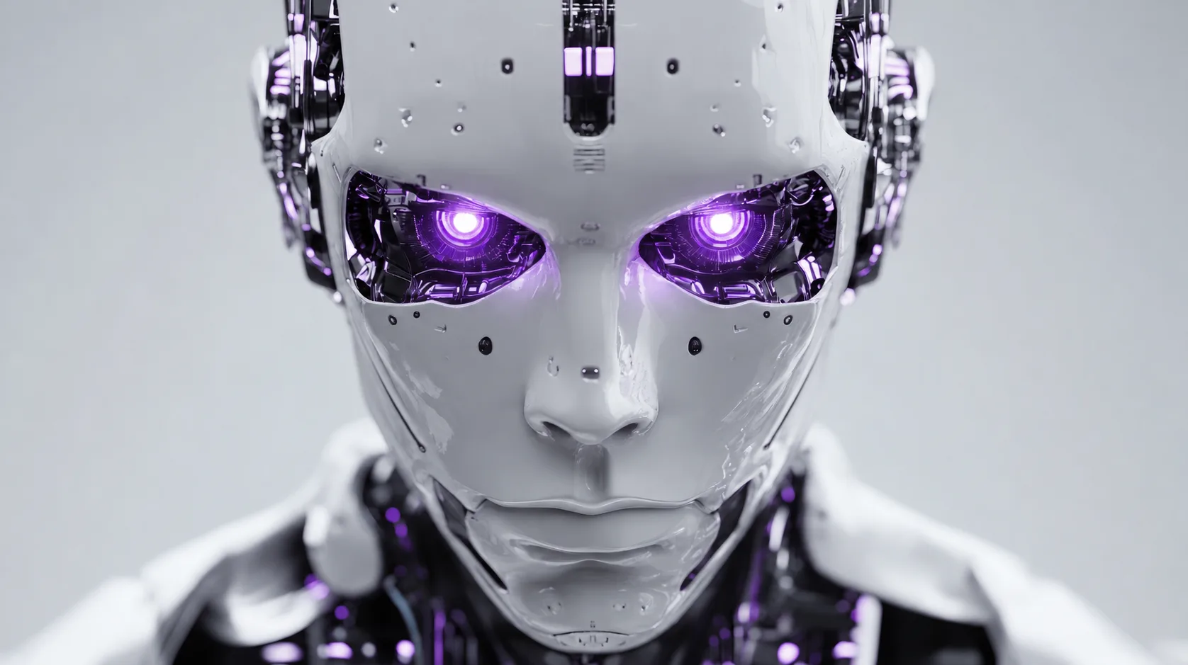 Frontale Nahaufnahme eines weißen Roboters mit violett leuchtenden Augen