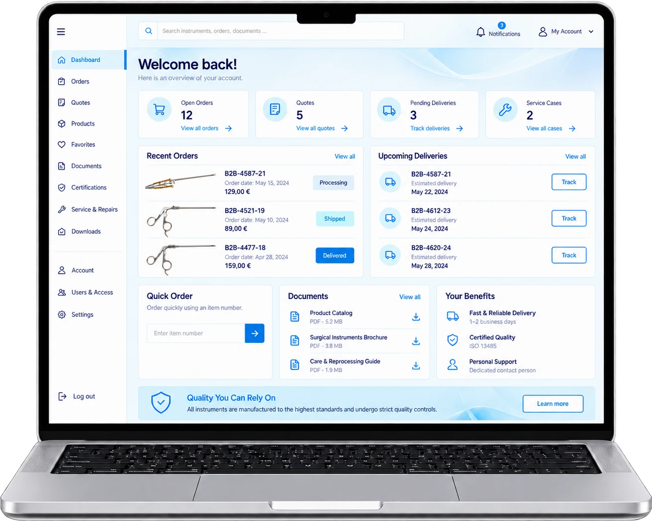 Kundenportal auf einem Laptop mit Dashboard zu Bestellungen, Lieferungen und Dokumenten