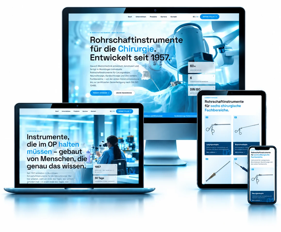 Website für chirurgische Instrumente auf Monitor, Laptop, Tablet und Smartphone