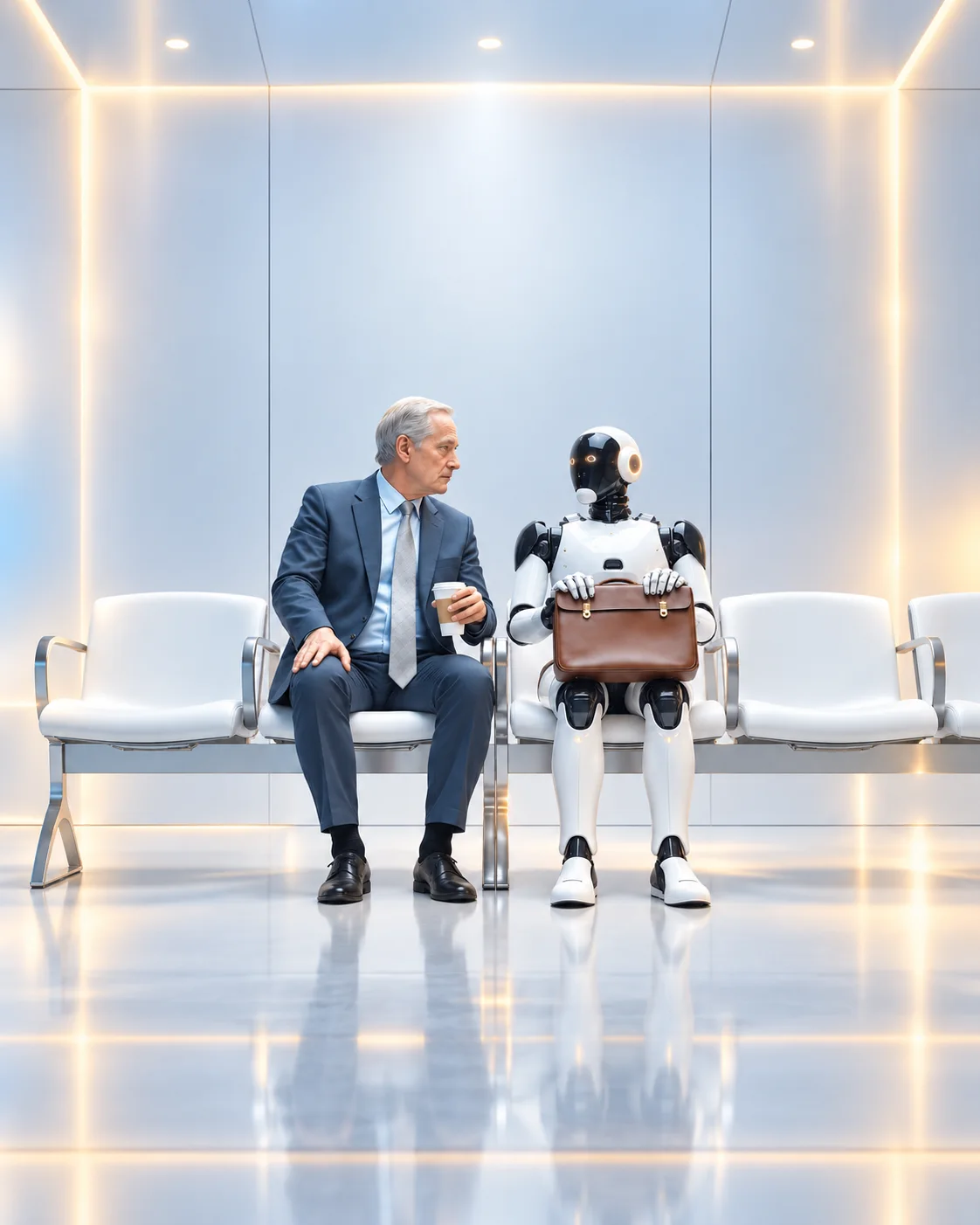 Geschäftsmann und Roboter sitzen nebeneinander im Wartebereich
