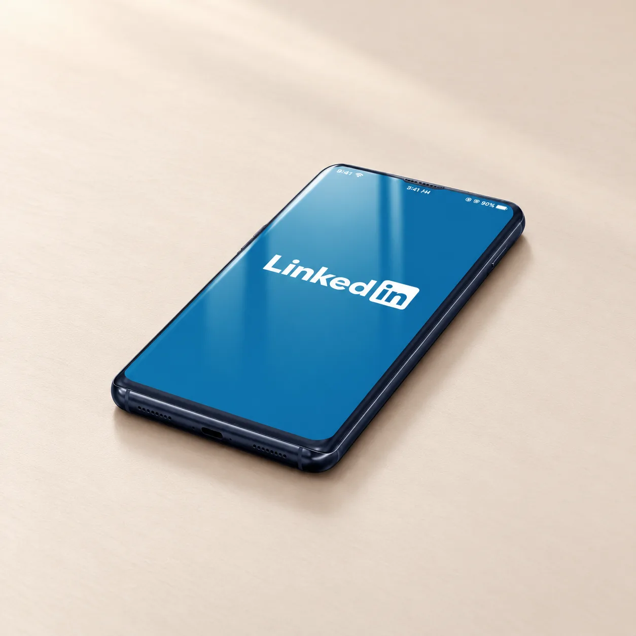 Smartphone mit LinkedIn-Anzeige auf heller Fläche