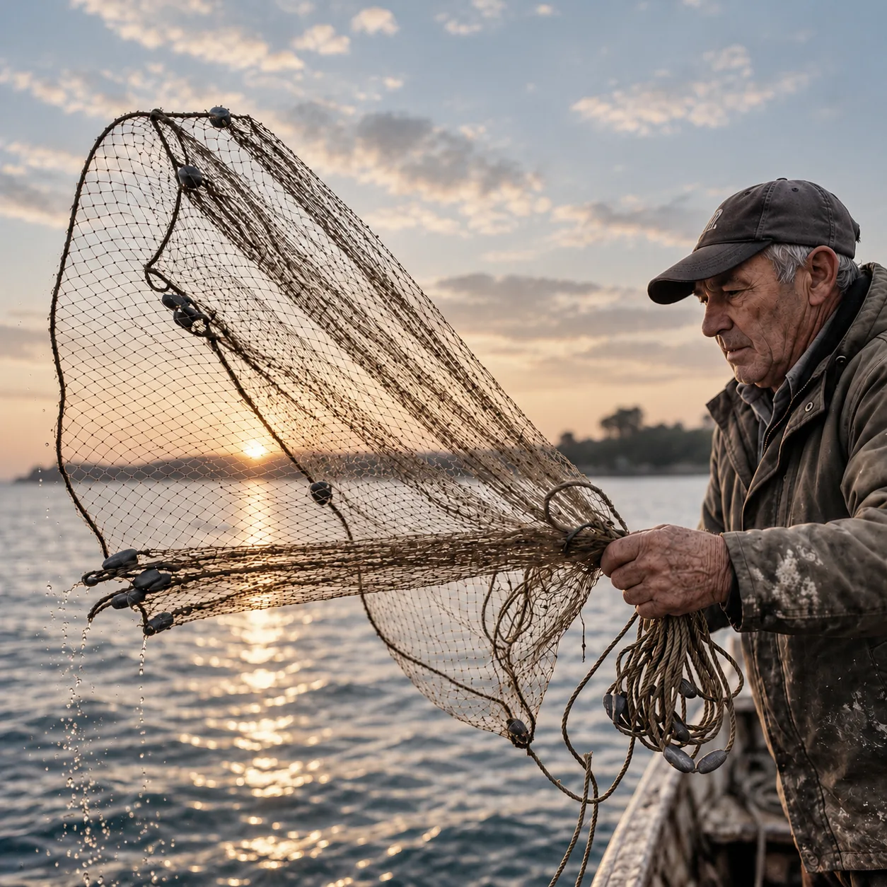 Fischer flickt bei Sonnenuntergang am Wasser ein Netz