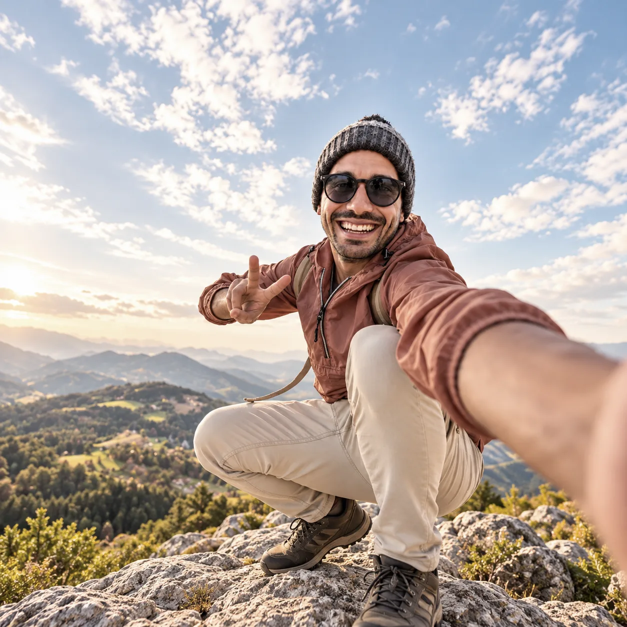 Lachender Wanderer macht ein Selfie auf einem Berggipfel