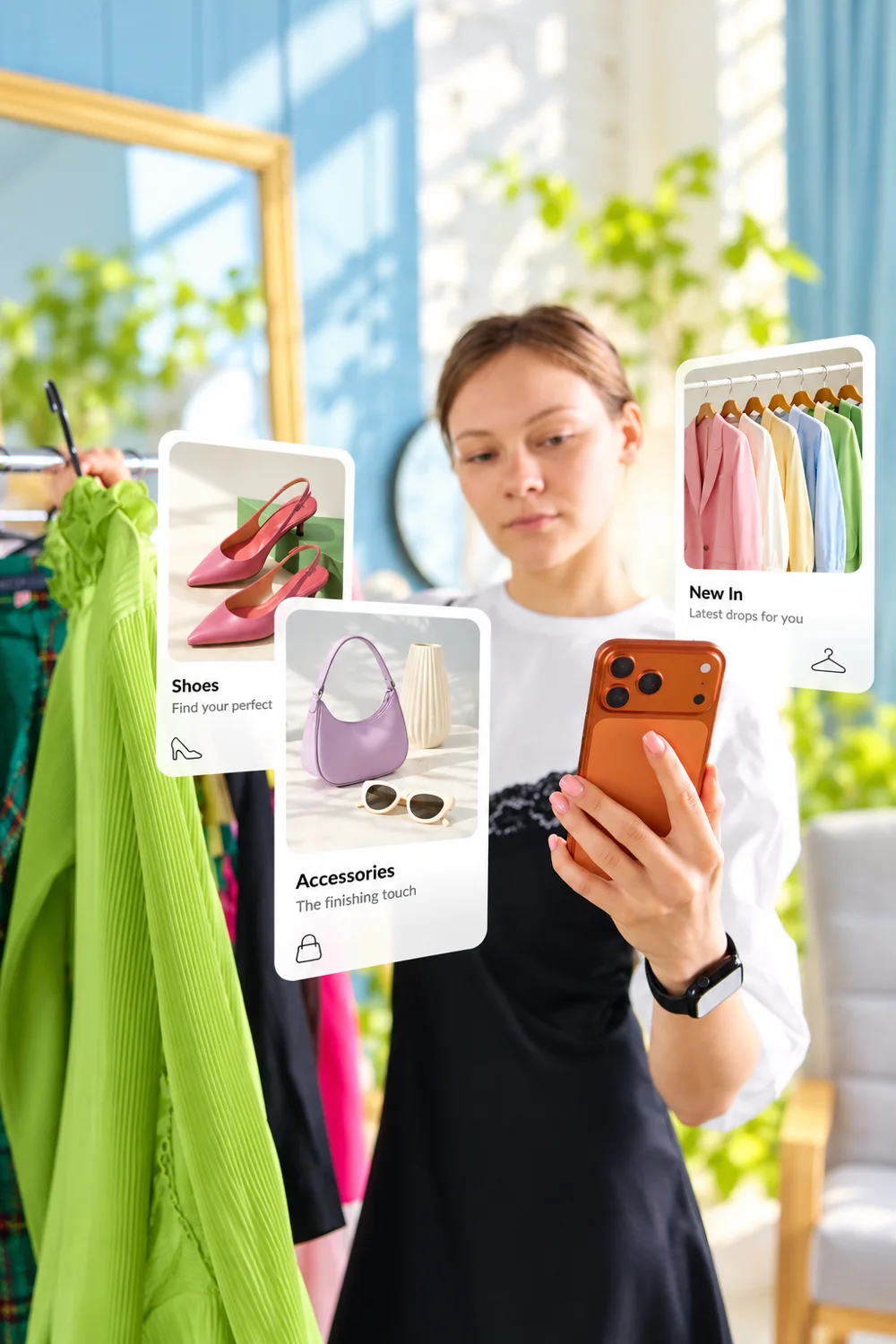 Frau hält ein Smartphone vor Produktkacheln für Schuhe, Accessoires und neue Mode